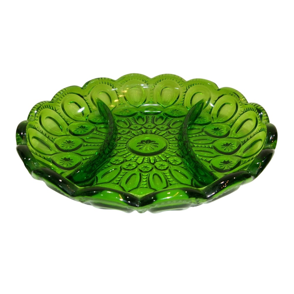 L.E. Smith Moon and Star Green Glass Relish Dish 3 Part Divided Server 8"